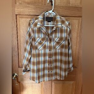 Legendary stockyards yellow & brown Western, Pearl snap shirt